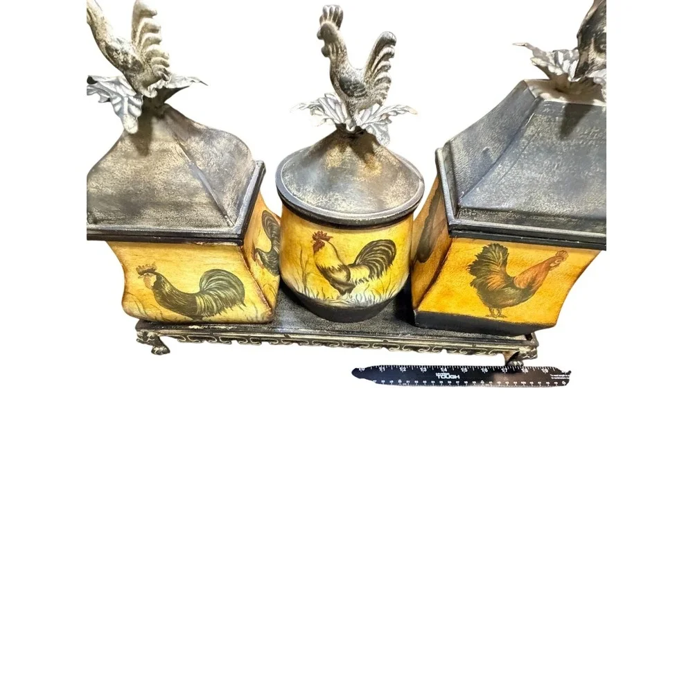 Vintage CBK Country Rustic‎ Kitchen Storage Canister Rooster Set w Tray 18x12x6